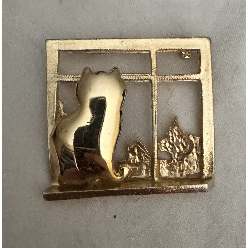 Cat Brooch Pin Cat Lover Jewelry Cat in Window UltraCraft Gold‎ & Pewter
